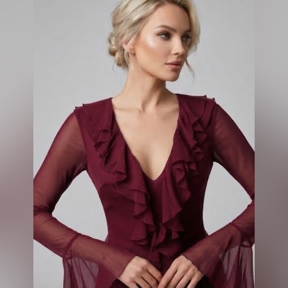 Ruffle Chiffon Maxi Dress Burgundy - Picture 4 of 10